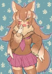 Rule 34 | 10s, 1girl, animal ears, blush, brown hair, cowboy shot, fang, fur collar, hand on own hip, highres, japanese wolf (kemono friends), kemono friends, long hair, long sleeves, multicolored hair, neckerchief, noamem, one eye closed, open mouth, plaid, plaid skirt, pleated skirt, pointing, sailor collar, skirt, solo, sweater, tail, thighhighs, white hair, wolf ears, wolf tail, yellow eyes, zettai ryouiki