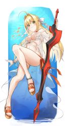 Rule 34 | 1girl, aestus estus, ahoge, bare shoulders, bead anklet, bikini, blonde hair, blush, braid, breasts, cleavage, criss-cross halter, fate/grand order, fate (series), fish, french braid, full body, green eyes, hair between eyes, hair intakes, hair ribbon, halterneck, highres, large breasts, legs, long hair, looking at viewer, navel, nero claudius (fate), nero claudius (fate) (all), nero claudius (swimsuit caster) (fate), nero claudius (swimsuit caster) (third ascension) (fate), red bikini, red ribbon, ribbon, sandals, side-tie bikini bottom, smile, striped bikini, striped clothes, swimming, swimsuit, sword, thighs, underwater, weapon, yayoi maka