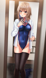 Rule 34 | 1girl, black thighhighs, blue one-piece swimsuit, bow, bowtie, breasts, brown eyes, collared shirt, commentary request, competition swimsuit, dress shirt, feet out of frame, highres, light brown hair, medium breasts, mirror, one-piece swimsuit, reflection, selfie, shirt, short hair, skirt, solo, standing, striped bow, striped bowtie, striped clothes, swimsuit, thighhighs, unworn clothes, unworn skirt, white shirt, yukemuriganmo