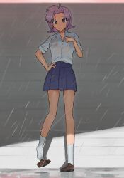 Rule 34 | 100 percent orange juice, 1girl, :/, absurdres, ahoge, blue skirt, breasts, brick wall, brown footwear, cleavage, closed mouth, collared shirt, commentary request, full body, hand on own hip, highres, kneehighs, loafers, medium hair, outdoors, parted bangs, purple eyes, purple hair, rain, school uniform, see-through, shirt, shoe dangle, shoes, short sleeves, skirt, small breasts, socks, solo, standing, tomomo (orange juice), tomomo (sweet eater), toufu (tofu prprpr), water drop, wet, wet clothes, white shirt, white socks