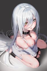 Rule 34 | 1girl, bare shoulders, barefoot, bdsm, black collar, blush, bondage, bound, bound wrists, breasts, chain, cleavage, collar, commentary request, dress, from above, full body, gradient background, grey eyes, hair between eyes, heterochromia, highres, long hair, long sleeves, looking at viewer, medium breasts, no bra, off-shoulder dress, off shoulder, original, reinama, ribbon-trimmed dress, ribbon-trimmed sleeves, ribbon trim, seiza, silver hair, sitting, slave, slit pupils, solo, straight hair, torn clothes, torn dress, very long hair, white dress, yellow eyes