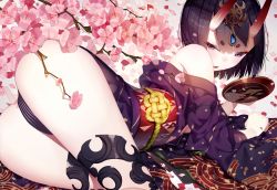 Rule 34 | 1girl, ass, atha (leejuiping), black panties, blunt bangs, colored skin, fate/grand order, fate (series), highres, horns, japanese clothes, kimono, panties, purple eyes, purple hair, short hair, shuten douji (fate), solo, thick eyebrows, thigh strap, thighs, underwear, white skin