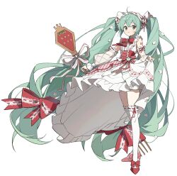 Rule 34 | 1girl, ame ame, aqua eyes, aqua hair, bare shoulders, commentary, detached sleeves, dress, flat chest, flower, frilled dress, frilled hairband, frilled skirt, frilled sleeves, frilled thighhighs, frills, full body, hair flower, hair ornament, hair ribbon, hairband, hatsune miku, highres, holding, holding staff, long hair, looking at viewer, low-tied long hair, miku day, number tattoo, red footwear, red ribbon, ribbon, shoulder tattoo, simple background, skirt, smile, solo, staff, strawberry miku (morikura), tattoo, textless version, thighhighs, twintails, very long hair, vocaloid, white background, white flower, white hairband, white thighhighs
