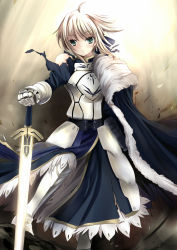 Rule 34 | 00s, 1girl, ahoge, armor, armored dress, artoria pendragon (fate), blonde hair, cape, dress, fate/stay night, fate (series), gauntlets, greaves, green eyes, hair ribbon, ribbon, robe, saber (fate), short hair, solo, sunlight, sword, torn clothes, type-moon, weapon, xephonia