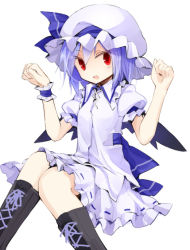 Rule 34 | 1girl, alternate color, bat wings, blue hair, blush, boots, frilled skirt, frills, hat, hat ribbon, kazeharu, looking at viewer, mob cap, open mouth, puffy sleeves, red eyes, remilia scarlet, ribbon, shirt, short hair, short sleeves, simple background, sitting, skirt, smile, solo, touhou, vest, white background, wings, wrist cuffs