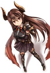 Rule 34 | &gt;:(, 10s, 1girl, armor, black skirt, black thighhighs, blush, breastplate, breasts, brown hair, crack, crossed arms, draph, forte (shingeki no bahamut), frown, full body, gamyuu (gamyu), granblue fantasy, hair between eyes, horns, large breasts, long hair, looking at viewer, miniskirt, pointy ears, red eyes, shingeki no bahamut, simple background, skirt, solo, standing, thighhighs, v-shaped eyebrows, white background, zettai ryouiki