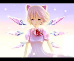 Rule 34 | 1girl, arms beside, bad id, bad pixiv id, chai (drawingchisanne), cirno, dress, female focus, letterboxed, neck ribbon, perfect cherry blossom, purple eyes, ribbon, serious, short hair, solo, staring, touhou, white hair, wings