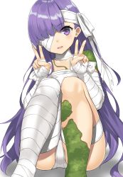 Rule 34 | 1girl, :d, absurdres, bandage on face, bandage over one eye, bandaged arm, bandaged leg, bandages, double v, fate/grand order, fate (series), highres, kingprotea (fate), long hair, moss, open mouth, purple eyes, purple hair, sarashi, sitting, smile, solo, suiroh (shideoukami), v, very long hair, white background