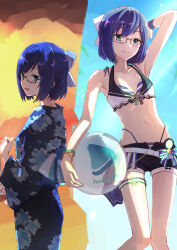 Rule 34 | 1girl, a-chan (hololive), alternate costume, arm up, armpits, ball, beachball, bikini, bikini under clothes, black-framed eyewear, black shorts, blue eyes, blue hair, blue kimono, bow, bracelet, breasts, closed mouth, commentary, crop top, feet out of frame, floral print, from side, glasses, hair bow, halterneck, highres, hololive, japanese clothes, jewelry, kimono, kinchaku, logo, looking at viewer, multiple views, navel, open fly, open mouth, pouch, short hair, short shorts, shorts, small breasts, smile, standing, stomach, striped bikini, striped clothes, swimsuit, thigh strap, virtual youtuber, white bow, wristband, yami ara, yukata