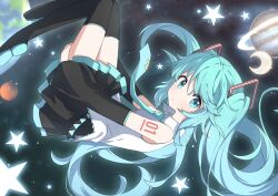 Rule 34 | 1girl, absurdres, bare shoulders, black footwear, black skirt, black sleeves, blue eyes, blue hair, blue necktie, boots, closed mouth, collared shirt, commentary request, crescent moon, detached sleeves, earth (planet), from side, hair between eyes, hatsune miku, highres, lizi, long sleeves, looking at viewer, looking to the side, moon, necktie, planet, planetary ring, pleated skirt, shirt, shoe soles, skirt, sleeveless, sleeveless shirt, solo, space, star (symbol), star in eye, symbol in eye, thigh boots, tie clip, vocaloid, white shirt, wide sleeves