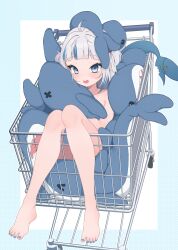 Rule 34 | 1girl, absurdres, ahoge, barefoot, blue background, blue eyes, blue hair, blue nails, blunt bangs, blush, completely nude, feet, female focus, full body, gawr gura, grey hair, hair ornament, halftone, halftone background, highres, hololive, hololive english, in shopping cart, legs, looking at viewer, lucasyecla99, medium hair, multicolored hair, nail polish, nude, open mouth, shark hair ornament, shopping cart, smile, solo, streaked hair, stuffed animal, stuffed shark, stuffed toy, toenail polish, toenails, toes, two-tone background, two side up, virtual youtuber, white background