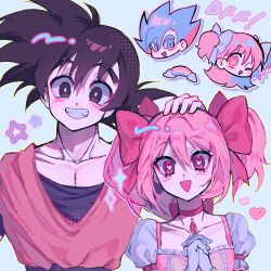 Rule 34 | 1boy, 1girl, black eyes, black hair, blue eyes, blue hair, chibi, chibi inset, choker, collarbone, commentary, crossover, dougi, dragon ball, dragon ball super, gloves, grin, hand on another&#039;s head, heart, heart-shaped pupils, highres, kaname madoka, mahou shoujo madoka magica, meteorstaar, one eye closed, open mouth, own hands clasped, own hands together, pink choker, pink eyes, pink hair, puffy short sleeves, puffy sleeves, rainbow, short sleeves, smile, son goku, soul gem, super saiyan, super saiyan blue, symbol-shaped pupils, twintails, white gloves