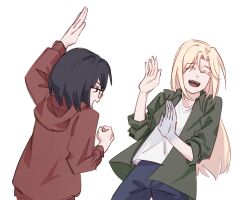 Rule 34 | 2girls, angry, black hair, blonde hair, blue pants, clenched hand, commentary, egakuning, english commentary, green jacket, hand up, hands up, highres, hood, hooded jacket, jacket, kamikoshi sorawo, laughing, long hair, long sleeves, looking at another, multiple girls, nishina toriko, open clothes, open jacket, open mouth, pants, red jacket, shirt, short hair, smile, standing, transparent hand, urasekai picnic, white shirt