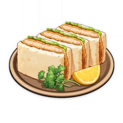 Rule 34 | artist request, bread, commentary, english commentary, flower, food, food focus, fruit, game cg, genshin impact, leaf, lemon, lemon slice, lettuce, lowres, meat, no humans, official art, parsley, plate, raw fish, sandwich, sliced meat, still life, third-party source, tonkatsu, transparent background