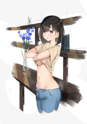 Rule 34 | 1girl, absurdres, beige shirt, black hair, blush, clothes lift, collarbone, cowboy shot, crossed arms, denim, flower, groin, hands up, highres, jeans, lifting own clothes, looking at viewer, midriff, navel, no panties, open fly, open pants, original, pants, parted bangs, parted lips, purple eyes, sakura yuu (hzjy8485), shirt, shirt lift, short sleeves, solo, standing, unzipped, vase
