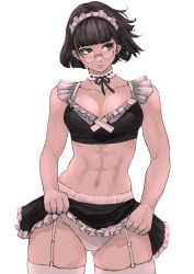 Rule 34 | 1girl, 6maker, abs, absurdres, black hair, black skirt, black tank top, breasts, clothes lift, cowboy shot, crop top, glasses, highres, looking away, looking to the side, maid, maid headdress, medium breasts, muscular, muscular female, navel, original, pleated skirt, short hair, simple background, skirt, skirt lift, solo, tank top, thigh strap, thighhighs, thighs, white background