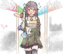 Rule 34 | .live, brown hair, collarbone, commentary request, eating, empty eyes, festival, food in mouth, food stand, hair between eyes, headband, highres, long hair, looking at viewer, rascala39, red eyes, school uniform, solo, thighhighs, translation request, virtual youtuber, yaezawa natori