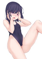 Rule 34 | 1girl, black hair, black one-piece swimsuit, covered navel, flat chest, hands on own face, highleg, highleg swimsuit, highres, jilu, looking at viewer, one-piece swimsuit, original, red eyes, short hair, simple background, solo, swimsuit, white background