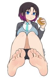 Rule 34 | 1girl, aqua necktie, barefoot, black jacket, blue eyes, blue vest, brown hair, closed mouth, collared shirt, commentary, eating, elma (maidragon), feet, food, food on face, foot focus, gradient hair, highres, holding, holding food, jacket, knees up, kobayashi-san chi no maidragon, long sleeves, looking at viewer, multicolored hair, necktie, office lady, on ground, pencil skirt, purple hair, round eyewear, semi-rimless eyewear, shirt, skirt, softhanten, soles, solo, streaked hair, toes, twitter username, vest, white shirt
