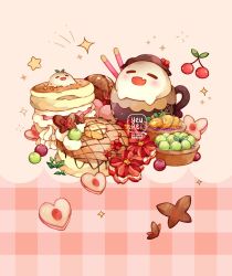 Rule 34 | bug, butter, butterfly, cherry, chocolate, commentary, cup, dessert, english commentary, flower, food, food focus, foodification, fruit, fruit tart, genshin impact, grapes, highres, hu tao (genshin impact), insect, leaf, macaron, mochi, no humans, pancake, peach, peach slice, persimmon, pocky, red flower, souffle (food), souffle pancake, sparkle, tart (food), whipped cream, yeurei