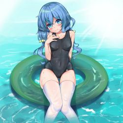 Rule 34 | 1girl, aiza-ku, arm behind back, black one-piece swimsuit, blue eyes, blue hair, breasts, caustics, chinese commmentary, collarbone, commentary request, covered navel, date a live, day, feet out of frame, hair between eyes, head tilt, innertube, knees together feet apart, legs together, long hair, looking at viewer, one-piece swimsuit, outdoors, parted bangs, school swimsuit, sitting, skin tight, skindentation, small breasts, smile, solo, swim ring, swimsuit, thighhighs, thighs, water, wavy hair, wet, wet clothes, wet swimsuit, white thighhighs, yoshino (date a live)