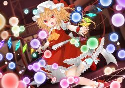 Rule 34 | 1girl, absurdres, ankle bow, ankle ribbon, ascot, back bow, blonde hair, bobby socks, bow, buttons, chain, collared shirt, crystal, danmaku, dress shirt, flandre scarlet, frilled shirt collar, frilled skirt, frilled sleeves, frills, full body, hair between eyes, hat, hat bow, highres, indoors, laevatein (touhou), large bow, leg ribbon, looking at viewer, mary janes, medium hair, mob cap, multicolored wings, nail polish, one side up, open mouth, puffy short sleeves, puffy sleeves, red bow, red eyes, red footwear, red nails, red skirt, red vest, ribbon, sabatuki, shirt, shoes, short sleeves, skirt, skirt set, socks, solo, teeth, touhou, upper teeth only, vest, white bow, white hat, white shirt, white socks, wings, wrist cuffs, yellow ascot
