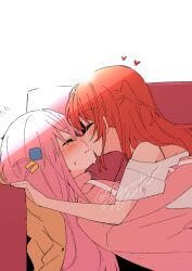 Rule 34 | 2girls, absurdres, bocchi the rock!, closed eyes, closed mouth, commentary request, couch, cube hair ornament, girl on top, gotoh hitori, hair ornament, heart, highres, jacket, kiss, kita ikuyo, long hair, long sleeves, multiple girls, on couch, one side up, pink hair, pink jacket, red hair, shigure (sigre), shirt, signature, track jacket, wavy mouth, white shirt, yuri