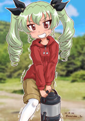 Rule 34 | 1girl, anchovy (girls und panzer), black ribbon, blue sky, blurry, blurry background, brown eyes, brown shorts, casual, cloud, commentary, dated, day, depth of field, drawstring, drill hair, girls und panzer, green hair, grin, hair ribbon, highres, holding, hood, hood down, hoodie, jug (bottle), long hair, looking at viewer, marinba (bell yamashige), outdoors, outline, pantyhose, pantyhose under shorts, red hoodie, ribbon, shorts, sky, smile, solo, standing, sweat, trembling, twin drills, twintails, twitter username, white outline, white pantyhose