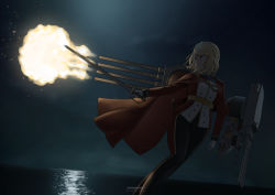 Rule 34 | 1girl, absurdres, aiguillette, azur lane, battle, blonde hair, braid, cape, commission, crown braid, frown, gloves, highres, holding, holding sword, holding weapon, jacket, military, military uniform, naval uniform, night, outstretched arm, prince of wales (azur lane), red cape, red eyes, red jacket, ryan greythorn, saber (weapon), scabbard, sheath, solo, swept bangs, sword, uniform, weapon