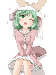 Rule 34 | 1girl, animal ears, dress, drying, drying hair, green eyes, green hair, heart, kasodani kyouko, long sleeves, natsu no koucha, one eye closed, open mouth, pink dress, pov, pov hands, simple background, smile, solo focus, tail, touhou, towel, towel on head, toweling off, v arms