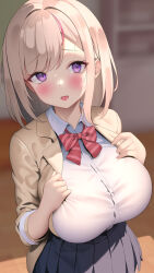 Rule 34 | 1girl, akira shun, black skirt, blazer, blush, breasts, brown jacket, buttons, character request, collared shirt, commentary request, copyright request, dress shirt, hand on own chest, highres, indoors, jacket, large breasts, light brown hair, long sleeves, looking at viewer, medium hair, miniskirt, multicolored hair, pleated skirt, purple eyes, school uniform, shirt, skirt, sleeves rolled up, solo, streaked hair, swept bangs, taut clothes, taut shirt, tongue, tongue out, white shirt