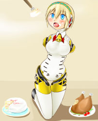 Rule 34 | aegis (persona), amputee, android, armless amputee, atlus, bad id, bad pixiv id, bell, bird, blonde hair, blue eyes, blush, cake, chicken, chicken (food), double amputee, eating, feeding, food, fork, no arms, open mouth, pastry, persona, persona 3, short hair, tanaka rikimaru, tongue