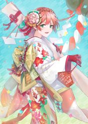 Rule 34 | 1girl, absurdres, blush, bow, braid, carcano m1891 (bells of beginning) (girls&#039; frontline), carcano m1891 (girls&#039; frontline), crown braid, dress bow, festival, floral print, flower, girls&#039; frontline, gloves, green eyes, hair flower, hair ornament, hair ribbon, highres, japanese clothes, kimono, kunoki toki, long hair, looking at viewer, official alternate costume, open mouth, orange hair, red gloves, ribbon, solo, translation request