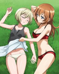 Rule 34 | 2girls, bikini, blonde hair, blue eyes, blush, breasts, brown hair, charlotte e. yeager, closed eyes, erica hartmann, large breasts, long hair, lying, multiple girls, non-web source, on back, on side, panties, print shirt, red bikini, shirt, short hair, sleeping, small breasts, smile, strike witches, swimsuit, underwear, white panties, world witches series, yuri