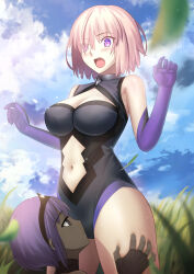 Rule 34 | 2girls, absurdres, bare shoulders, besmiled, black gloves, black hairband, black leotard, blue sky, blush, breasts, cleavage, cleavage cutout, clothing cutout, collar, dark-skinned female, dark skin, elbow gloves, fate/grand order, fate (series), fingerless gloves, gloves, grass, grey eyes, hair over one eye, hairband, hassan of serenity (fate), highleg, highleg leotard, highres, large breasts, leotard, looking down, mash kyrielight, metal collar, multiple girls, navel, navel cutout, open mouth, purple eyes, purple gloves, purple hair, short hair, sidelocks, sky, thighs