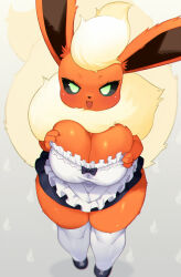 Rule 34 | 1girl, apron, blush, breasts, cleavage, colored sclera, creatures (company), curvy, fangs, flareon, furry, furry female, game freak, gen 1 pokemon, green sclera, highres, huge breasts, maid, maid apron, multicolored fur, nintendo, okiai umi, orange fur, pokemon, pokemon (creature), shortstack, tail, thick thighs, thighs, white fur, wide hips