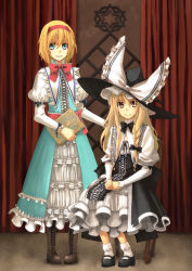 Rule 34 | 2girls, alice margatroid, blonde hair, blue eyes, book, boots, braid, chair, embellished costume, female focus, hairband, hakui ami, hat, kirisame marisa, long hair, mary janes, multiple girls, shoes, short hair, sitting, touhou, witch, witch hat, yellow eyes