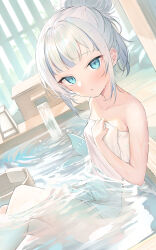 Rule 34 | 1girl, :o, bathing, blue eyes, blue hair, blush, bucket, collarbone, commentary request, dutch angle, fins, fish tail, gawr gura, hair bun, highres, hololive, hololive english, knees up, looking at viewer, multicolored hair, naked towel, onsen, parted lips, partially submerged, shark girl, shark tail, sidelocks, single hair bun, sitting, solo, streaked hair, tail, takumi11, towel, virtual youtuber, water, wet, white hair, wooden bucket