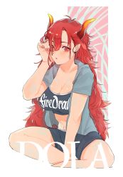 Rule 34 | 1girl, black shorts, blue shirt, blush, breasts, character name, cleavage, collarbone, commentary, crop top, cropped legs, dola (nijisanji), dragon girl, dragon horns, feet out of frame, highres, horns, indian style, large breasts, long hair, looking at viewer, nail polish, navel, nijisanji, open clothes, open shirt, parted lips, pink nails, red eyes, red hair, sasha f, shirt, short sleeves, shorts, sitting, solo, virtual youtuber, waking up