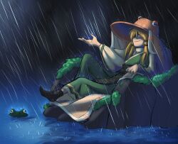 Rule 34 | 1girl, absurdres, alternate costume, blonde hair, bread master, brown hat, closed mouth, commentary, english commentary, frog, green kimono, hat, highres, japanese clothes, kimono, long sleeves, medium hair, moriya suwako, moss, outdoors, rain, sidelocks, sitting, smile, touhou, water, yellow eyes