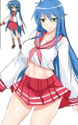 Rule 34 | 1girl, absurdres, aged up, ahoge, alternate breast size, blue hair, breasts, brown footwear, brown socks, crop top, green eyes, highres, izumi konata, kneehighs, large breasts, loafers, long hair, lucky star, midriff, miniskirt, mole, mole under eye, navel, noise paper, pleated skirt, red ribbon, red skirt, reference work, ribbon, school uniform, serafuku, shirt, shoes, simple background, sketch, skirt, smile, socks, striped clothes, striped shirt, striped skirt, thighs, white background