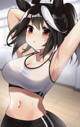Rule 34 | 1girl, absurdres, alternate hairstyle, animal ears, armpits, arms behind head, arms up, bare shoulders, black hair, black pants, blurry, blurry background, blush, breasts, cleavage, commentary request, highres, horse ears, horse girl, horse tail, indoors, kitasan black (umamusume), large breasts, looking at viewer, midriff, multicolored hair, naganegi03, navel, open mouth, pants, ponytail, red eyes, solo, sports bra, steaming body, stomach, streaked hair, tail, umamusume, upper body, white hair, white sports bra