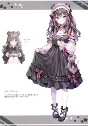 Rule 34 | 1girl, :d, absurdres, animal ears, aru (momoko), bear ears, bear girl, black dress, blush, bow, bowtie, brown hair, detached sleeves, dress, dress bow, fang, footwear bow, full body, hair between eyes, hairband, hand up, highres, knife, lolita hairband, long hair, looking at viewer, mary janes, momoko (momopoco), open mouth, original, pantyhose, pink bow, red bow, scan, shirt, shoes, simple background, skirt hold, sleeveless, sleeveless dress, smile, solo, stuffed animal, stuffed toy, teddy bear, white background, white pantyhose, white shirt