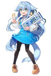 Rule 34 | 1girl, :d, ahoge, animal ears, aqua eyes, arcade stick, black pantyhose, blue dress, blue hair, blush, character name, commentary request, controller, dated, dress, earrings, full body, game controller, gunjou row, highres, indie virtual youtuber, jewelry, joystick, long hair, long sleeves, nail polish, open mouth, pantyhose, pinafore dress, ring, signature, simple background, sleeveless dress, smile, solo, standing, star-shaped pupils, star (symbol), symbol-shaped pupils, tail, v, very long hair, virtual youtuber, white background, yellow nails