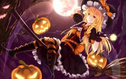 Rule 34 | 1girl, adapted costume, bakanoe, belt, black dress, black gloves, blonde hair, boots, bow, braid, broom, broom riding, cross-laced footwear, dress, fingerless gloves, full moon, gloves, grin, halloween, hand on headwear, hat, hat bow, highres, jack-o&#039;-lantern, kirisame marisa, long hair, looking at viewer, moon, multiple belts, night, pantyhose, sash, single braid, sky, smile, solo, star (sky), starry sky, striped clothes, striped pantyhose, touhou, witch hat, yellow eyes