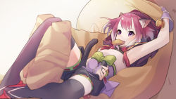 Rule 34 | 1girl, absurdres, animal ear fluff, animal ears, armpits, black shorts, black thighhighs, cat ears, cat girl, cat tail, fingerless gloves, food, food on face, gloves, gradient hair, highres, japanese clothes, kimono, looking at viewer, lying, mouth hold, multicolored hair, on back, princess connect!, purple eyes, purple hair, ribbon-trimmed hood, ribbon-trimmed shorts, ribbon trim, sandals, short hair, shorts, sidelocks, sleeveless, sleeveless kimono, solo, tail, taiyaki, tamaki (princess connect!), thighhighs, tissuebox (artist), wagashi