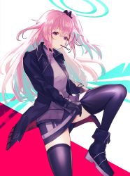 Rule 34 | 1girl, adjusting clothes, adjusting legwear, ambriel (arknights), arknights, black gloves, black jacket, black thighhighs, food, geta (epicure no12), gloves, hair ornament, hairclip, halo, highres, jacket, long hair, looking at viewer, mouth hold, one side up, pink hair, pocky, purple eyes, shirt, solo, thighhighs, zettai ryouiki