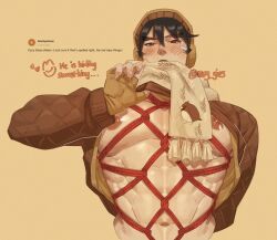 Rule 34 | 1boy, abs, artist name, bandage on face, bandages, beanie, black eyes, black hair, brown hat, brown shirt, brown sweater, clothes lift, commentary, earmuffs, english commentary, english text, fingerless gloves, genji (overwatch), gloves, hat, highres, large pectorals, long sleeves, looking at viewer, male focus, muscular, muscular male, navel, nipples, nuggies (nug gies), open mouth, overwatch, pectorals, red rope, rope, scarf, shibari, shibari under clothes, shirt, shirt lift, short hair, simple background, solo, sweater, twitter username, yellow background