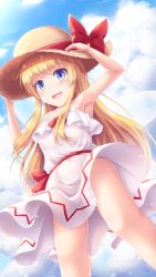 Rule 34 | 1girl, :d, armpits, arms up, bare arms, blonde hair, blue eyes, blue sky, cloud, commentary, dress, hands on headwear, hat, hat ribbon, highres, lily white, long hair, looking at viewer, lzh, open mouth, red ribbon, ribbon, sky, sleeveless, sleeveless dress, smile, solo, sun hat, touhou, upskirt, very long hair, white dress