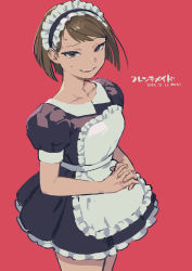 Rule 34 | 1girl, absurdres, akaneko (redakanekocat), alternate costume, apron, black dress, collarbone, dated, dress, enmaided, highres, looking at viewer, maid, maid apron, maid headdress, open mouth, own hands together, pixiv fantasia, pixiv fantasia last saga, puffy sleeves, red background, rudia of the moon smile, short hair, simple background, smile, solo, standing, sweatdrop